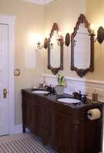 Main Bathroom with Mosaic Tile and Dual Victorian Vanity
